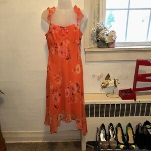 NY& Co Orange Vintage Rose Dress Y2K Flutter Sleeve Milkmaid Poly Size 8 Beach